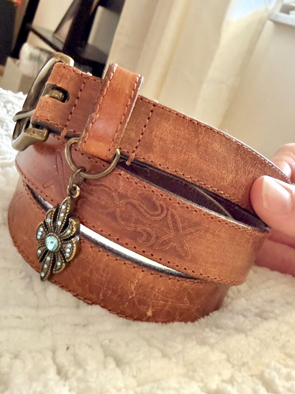 Vintage Y2K Cognac Leather Belt‎ Western Concho Charm Engraved Boho Saddle Belt